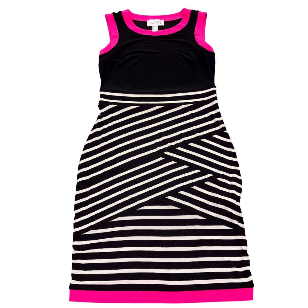 Joseph Ribkoff Striped Sleeveless Sheath Dress Womens 6 Black White Pink
